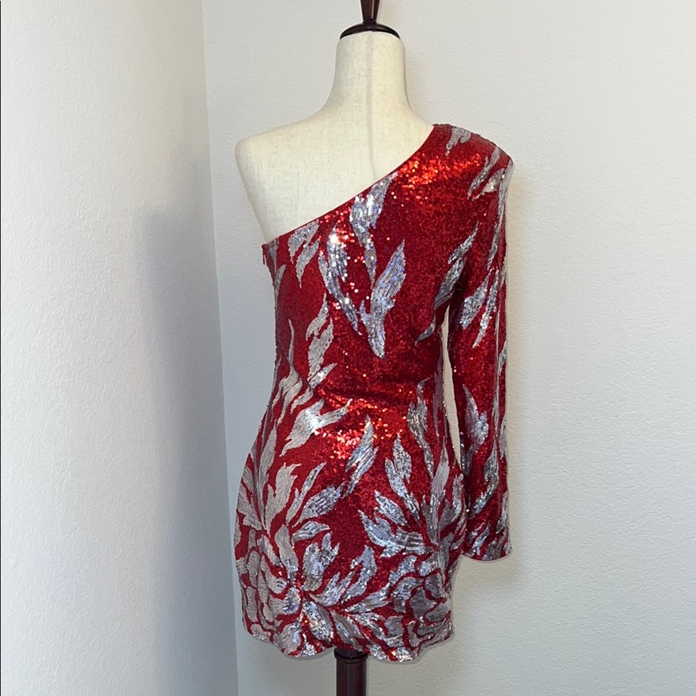 Fashion Nova Red and Silver Asymmetrical Ruched Dress - Picture 4 of 9
